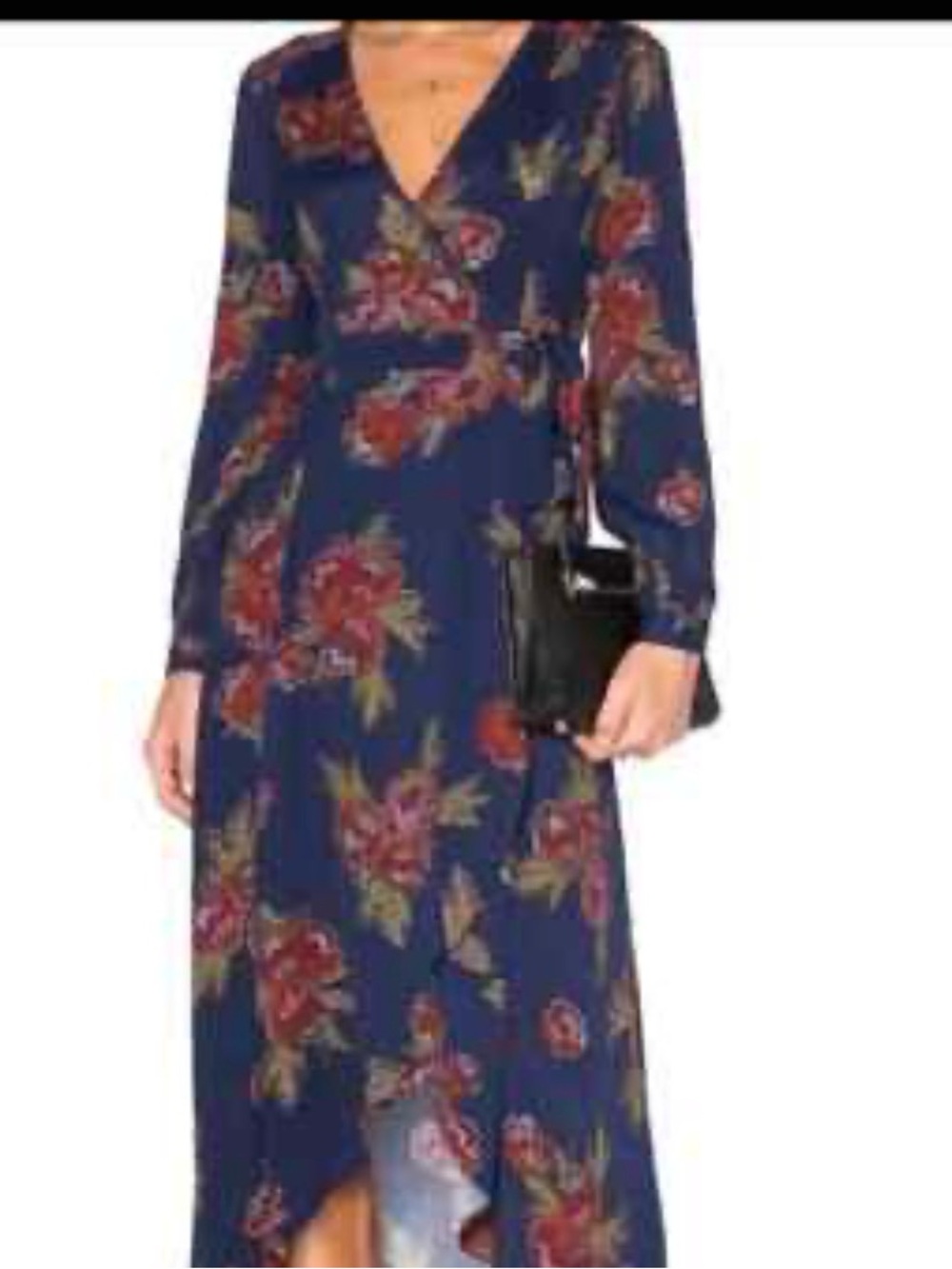 Astr Navy Floral Wrap Midi Dress with Red Blooms